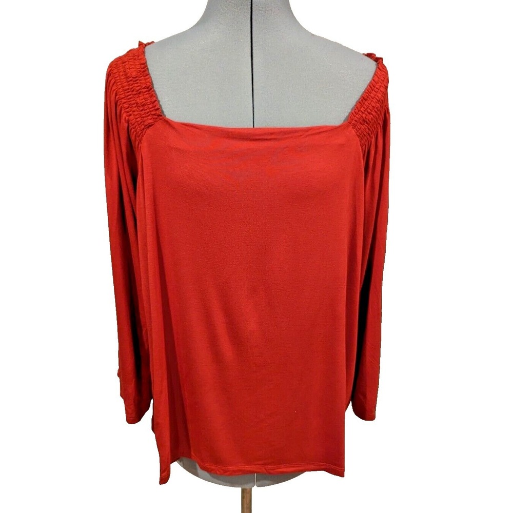 IMAN Plus Size Red Square Neck Long Sleeve Smocked Top Blouse Shirt 2X Chic Boho - Picture 2 of 6